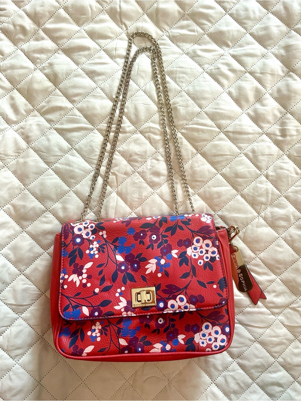 Red Floral Crossbody Bag with Gold Chain Strap